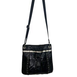 The Sak Leather Crossbody Shoulder Bag Zip Pockets Adjustable Canvas Black Gold